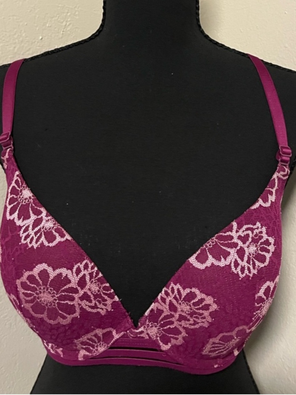 PINK Victoria's Secret Lightly Lined Plum Lace Floral Push-Up Bra 34D